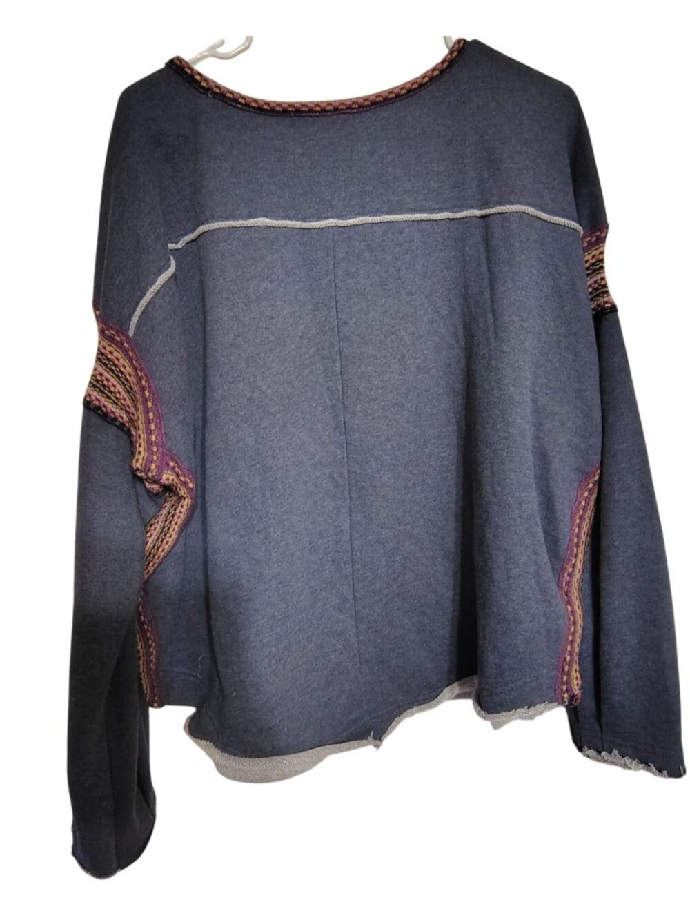 Natural Life L/XL Boho Gray Sweatshirt Multi-Color Sleeve Sides Raw Hem Oversize
